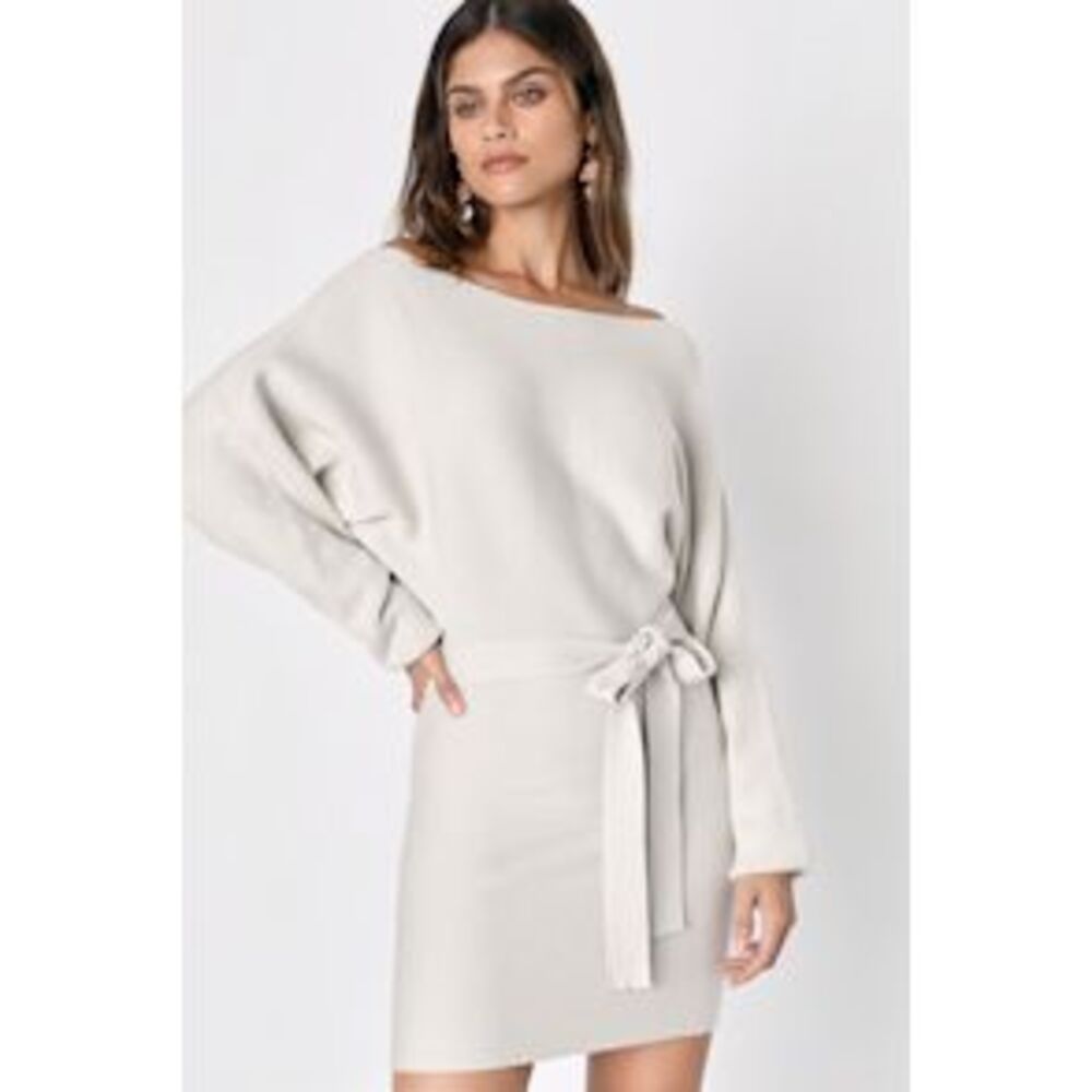 Lulu's Cream Knit Belted Sweater Dress